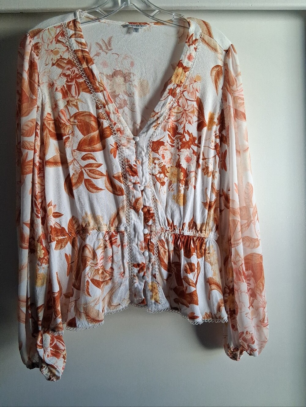 Guese Floral Blouse Orange & White Sheer Puff Sleeves XL
